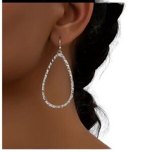 Hammered Silver Hollow Teardrop Hoop Earrings